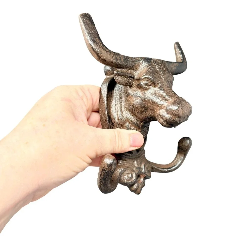 Cast Iron Bull Double Wall Hook Western Ranch Farmhouse Decor